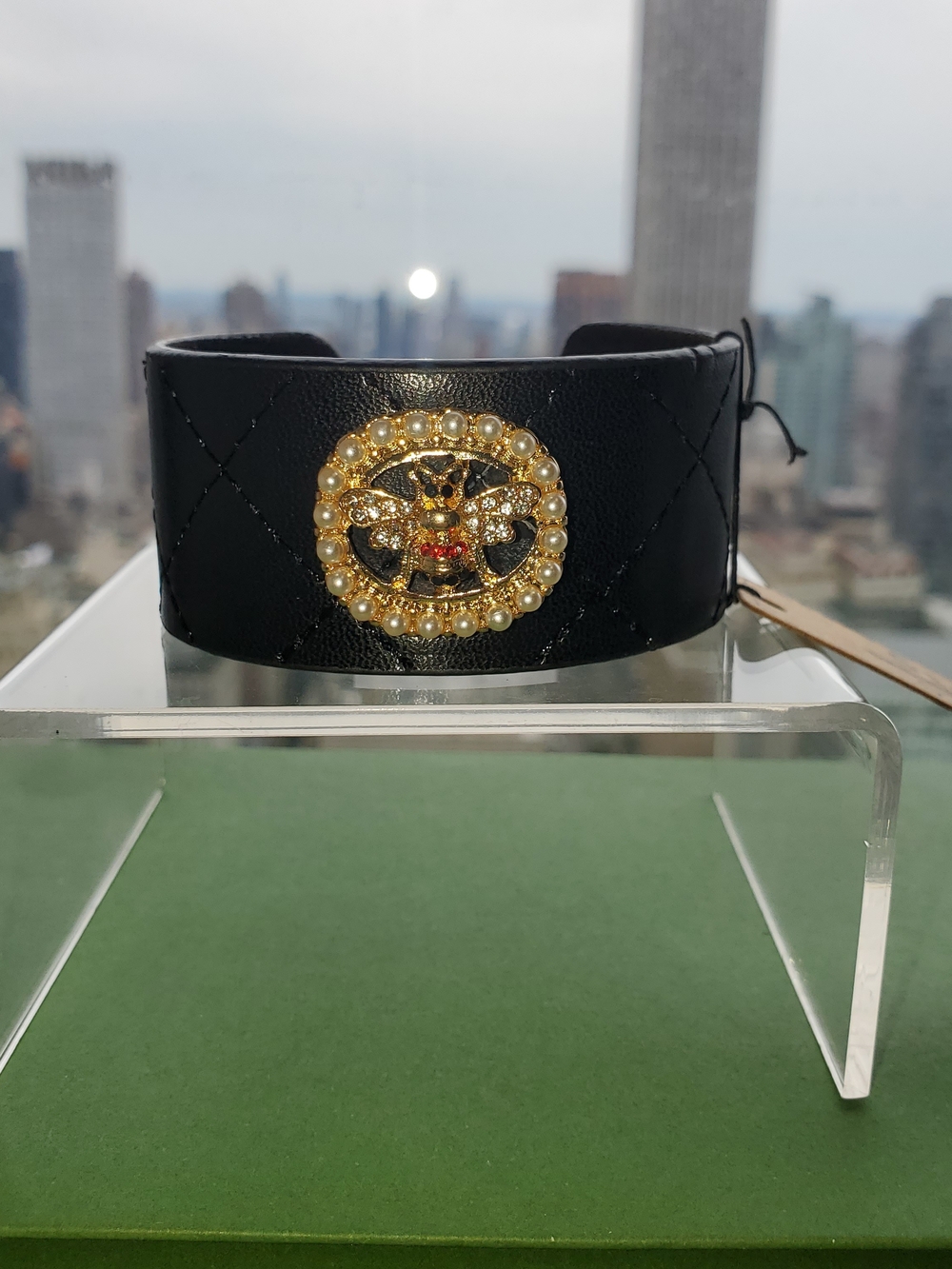 Black Quilted Leather Cuff Bracelet with Gold Pearl Bee Emblem - Picture 2 of 5